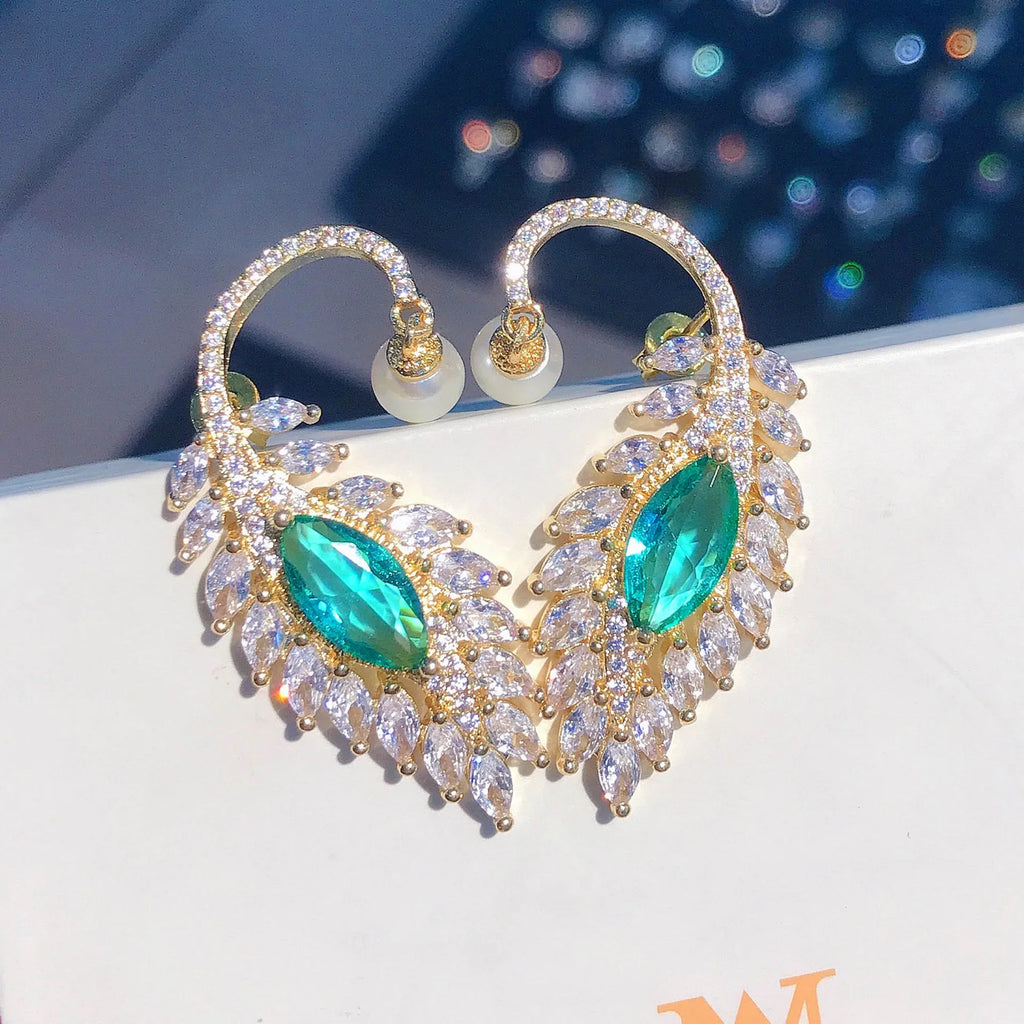 Vintage Lab Emerald Stone Stud Earring Silver Feather Shape Pearl Jewelry