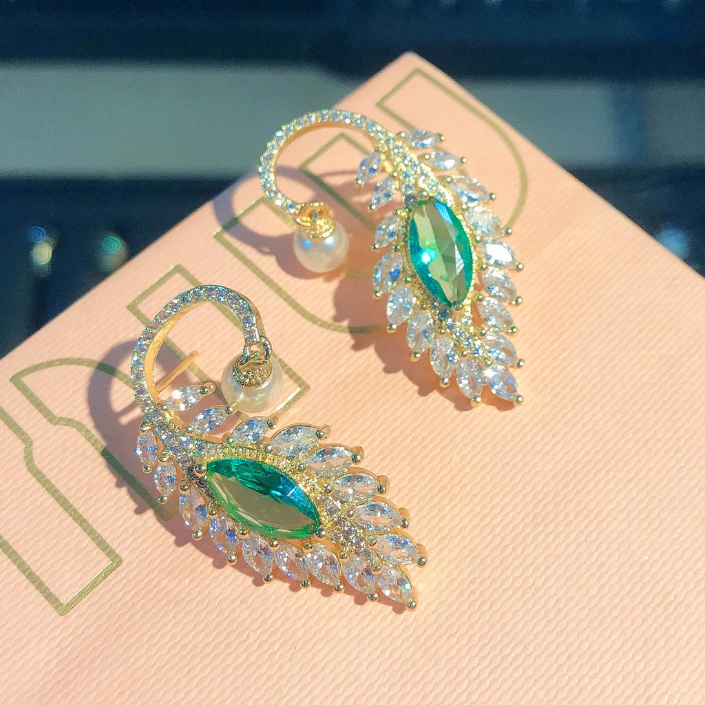 Vintage Lab Emerald Stone Stud Earring Silver Feather Shape Pearl Jewelry