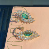 Vintage Lab Emerald Stone Stud Earring Silver Feather Shape Pearl Jewelry