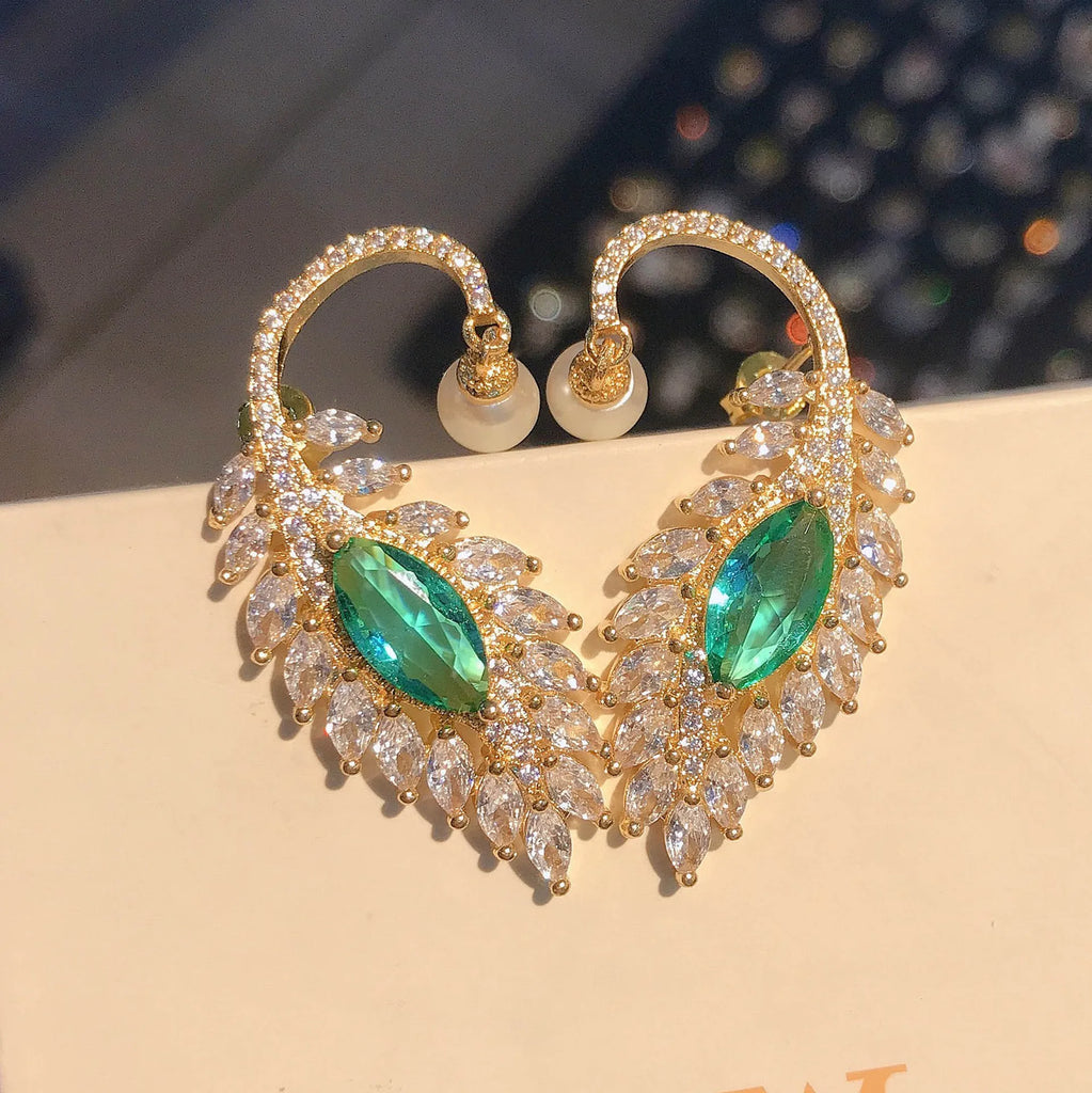 Vintage Lab Emerald Stone Stud Earring Silver Feather Shape Pearl Jewelry
