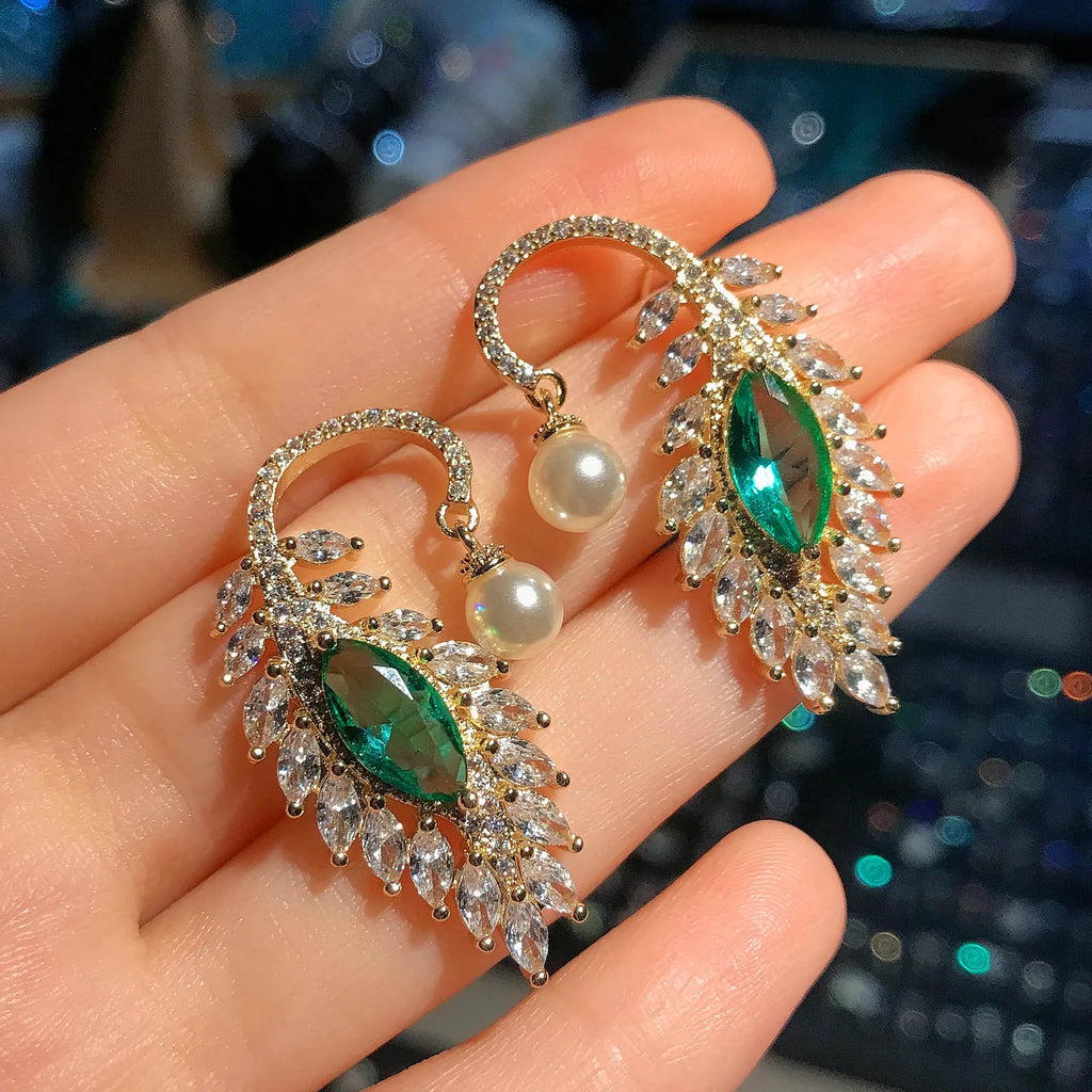 Vintage Lab Emerald Stone Stud Earring Silver Feather Shape Pearl Jewelry