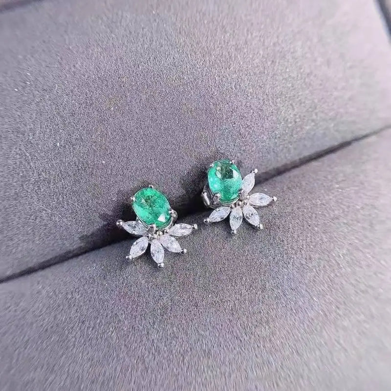 Lab Emerald Stone Stud Earrings Silver Jewelry for Women