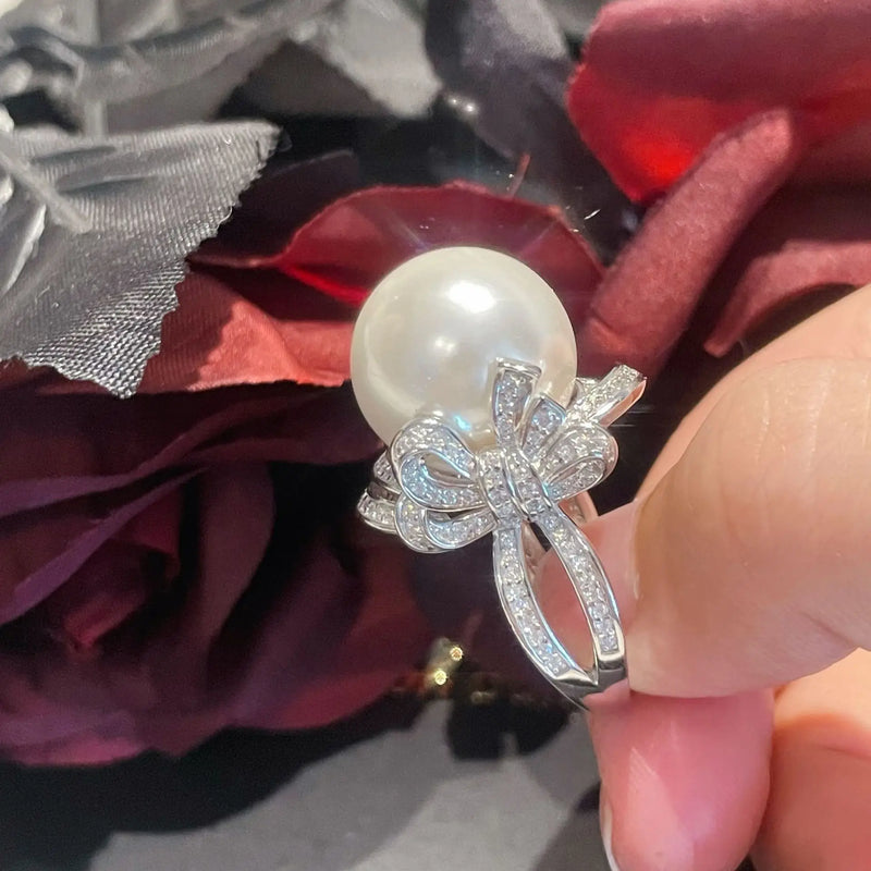 Pearl Shell Rings Micro Zircon Bowknot Cocktail Jewelry