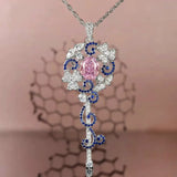 Silver Flower Key Pendant Necklace for Women