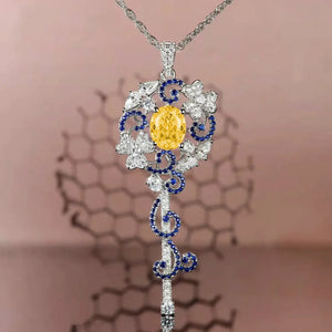 Silver Flower Key Pendant Necklace for Women