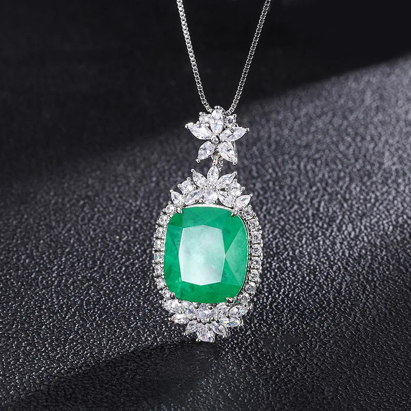 Silver Green Lab Emerald Pendant Necklace for Women Wedding