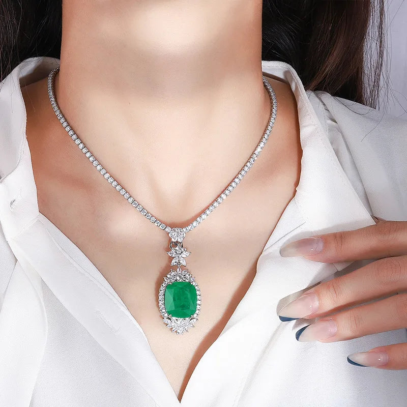 Silver Green Lab Emerald Pendant Necklace for Women Wedding