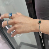 Vintage Thai Silver Square Lab Emerald Diamond Bracelet Charm Women's Hand Jewel