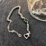 Vintage Thai Silver Square Lab Emerald Diamond Bracelet Charm Women's Hand Jewel