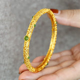 Vintage Jade Cuff Bracelet Bangle 14K Plated Women's Jewelry