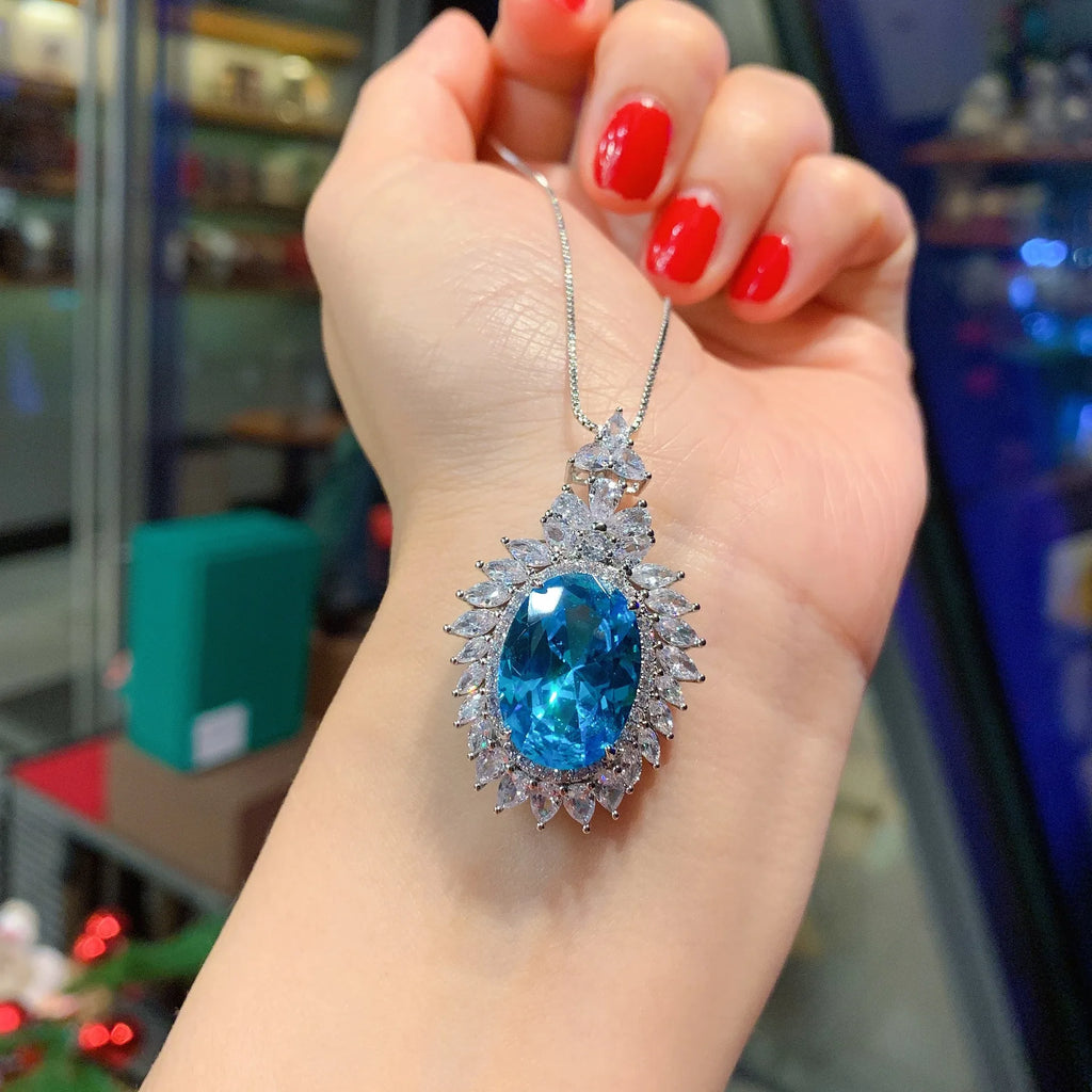 Oval CZ Tanzanite Vintage Pendant Necklace Silver Charm Chokers