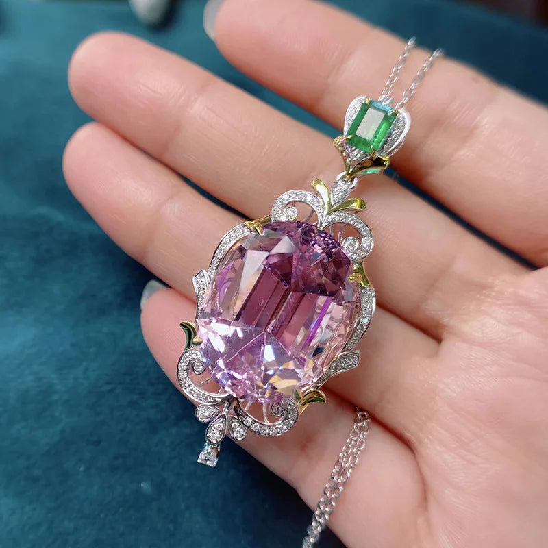 Natural Pink Morganite Pendant Necklace with Chain Silver Sweater