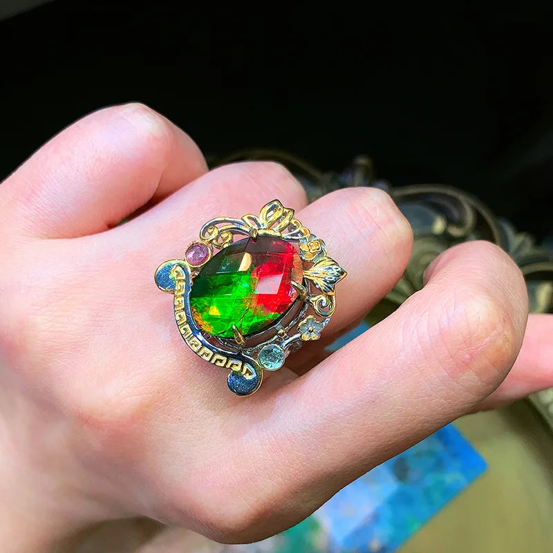 Oval Egg Shape Tourmaline Ring Vintage Thai Silver Women's Court Style Jewelry