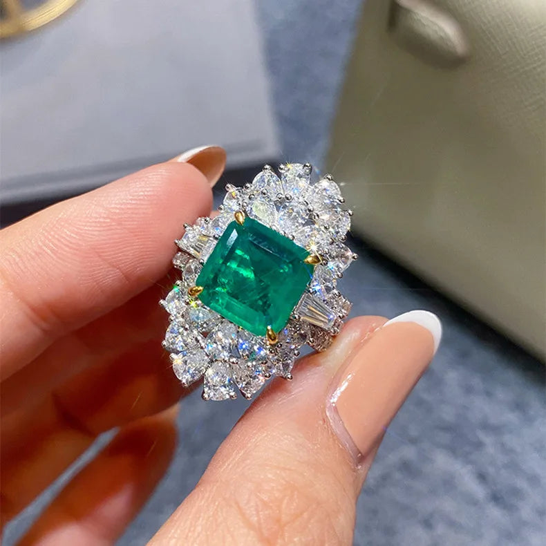 Square Green Paraiba Tourmaline Ring Silver Wedding Engagement Bridal Jewelry
