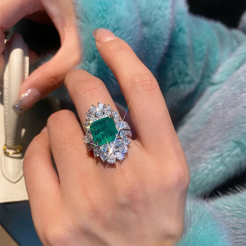 Square Green Paraiba Tourmaline Ring Silver Wedding Engagement Bridal Jewelry