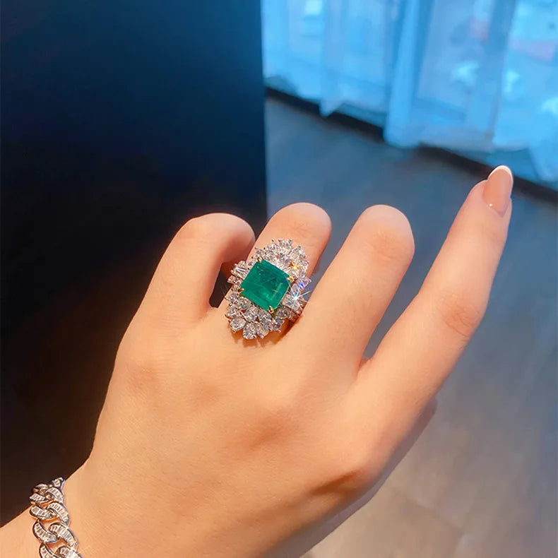 Square Green Paraiba Tourmaline Ring Silver Wedding Engagement Bridal Jewelry