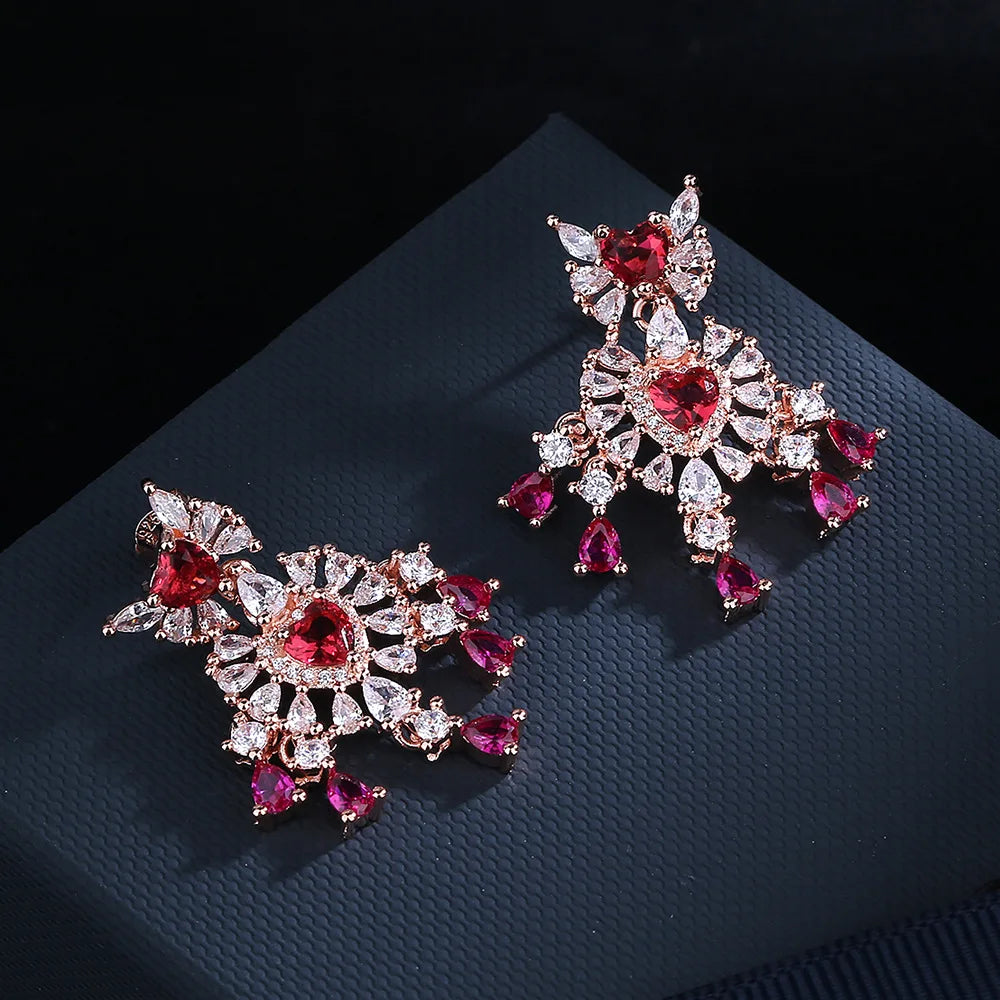 Vintage Red CZ Tassel Drop Earrings Wedding Jewelry