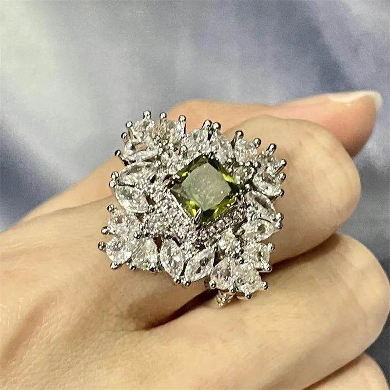 Vintage Silver Rings for Women Green Zirconia Wedding Jewelry