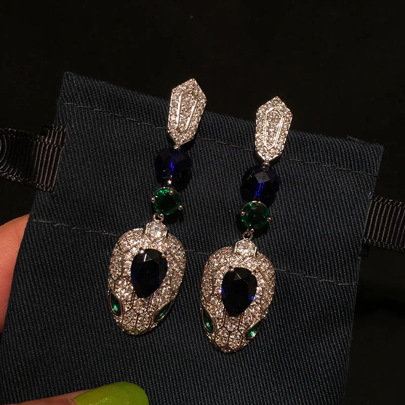 Vintage Snake Pendant Earrings Zircon S.Silver Drop Earring Dangle for Women