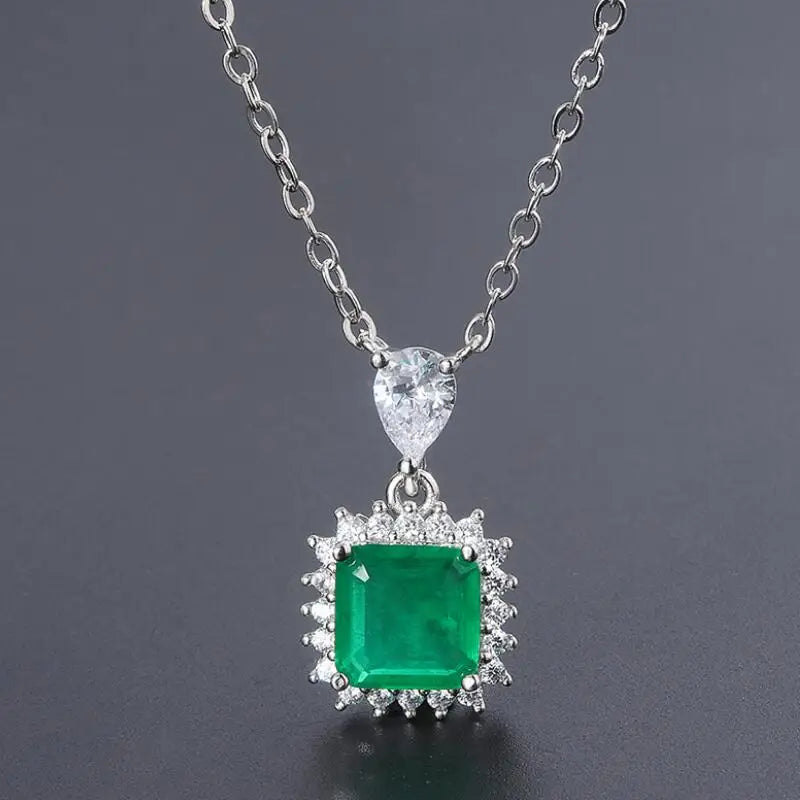 Vintage Square Lab Emerald Necklace Silver Pendant Chain