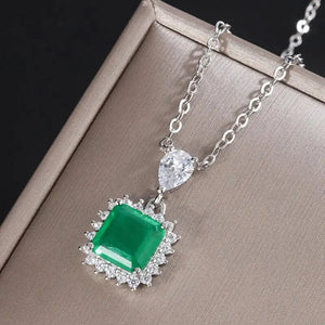 Vintage Square Lab Emerald Necklace Silver Pendant Chain