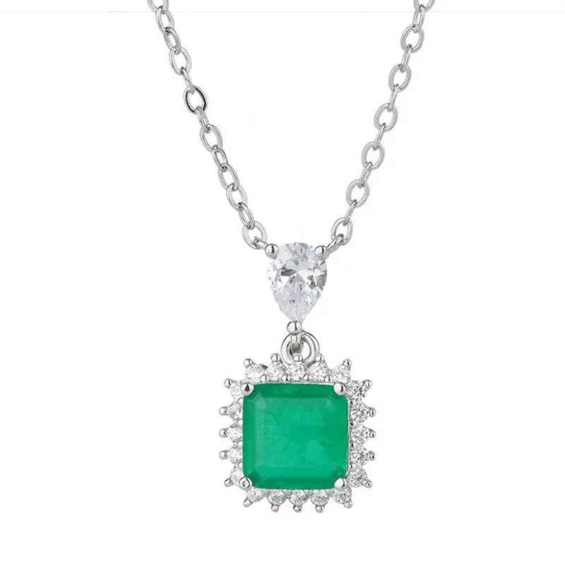 Vintage Square Lab Emerald Necklace Silver Pendant Chain