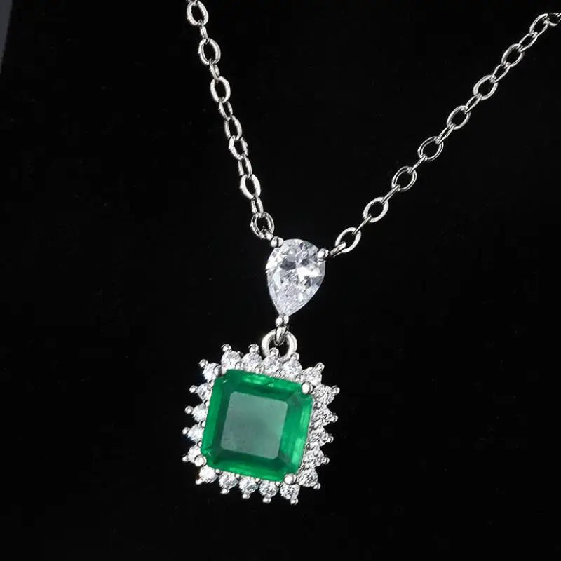Vintage Square Lab Emerald Necklace Silver Pendant Chain