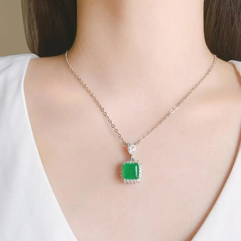 Vintage Square Lab Emerald Necklace Silver Pendant Chain