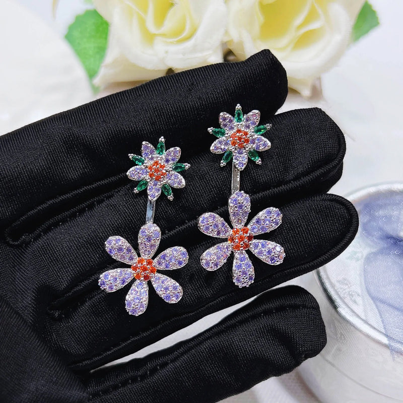 Purple Cubic Zirconia Flower Stud Earrings Ear Jewelry Wedding Party