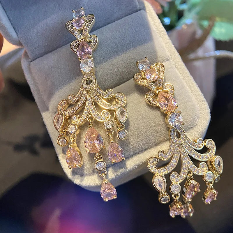 Silver Tassel Earrings CZ Crystal Pendant Dangler