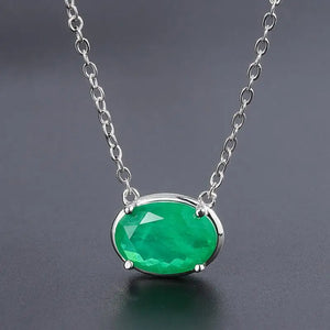 Egg Shape Lab Emerald Sweater Necklace Chokers for Women Silver Charm Chain