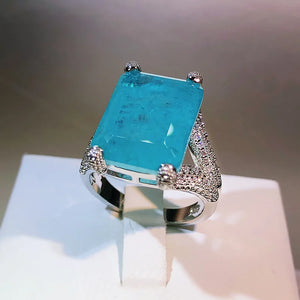 Big Square Paraiba Tourmaline Ring Female Silver Finger Rings