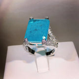 Big Square Paraiba Tourmaline Ring Female Silver Finger Rings
