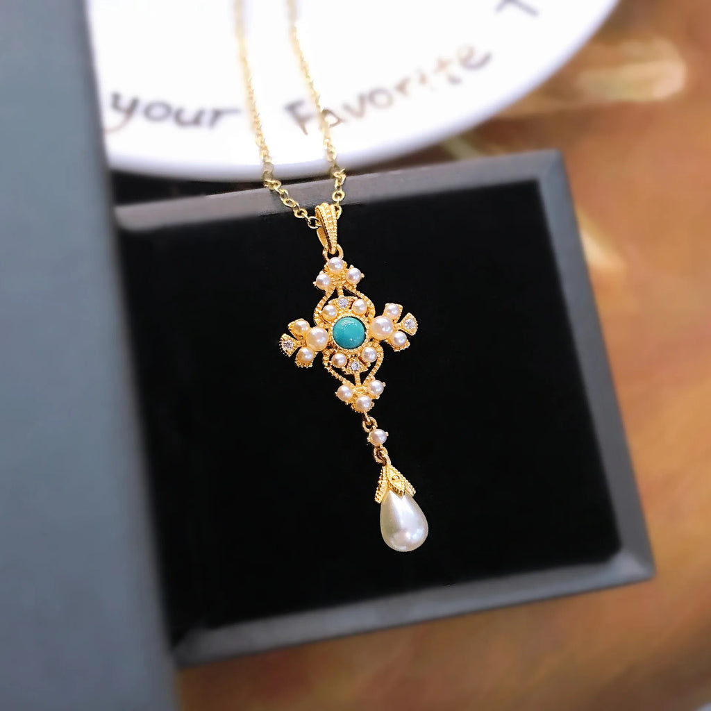 Antique Jewelry Freshwater Pearls Turquoise Neck Choker Vintage Necklace