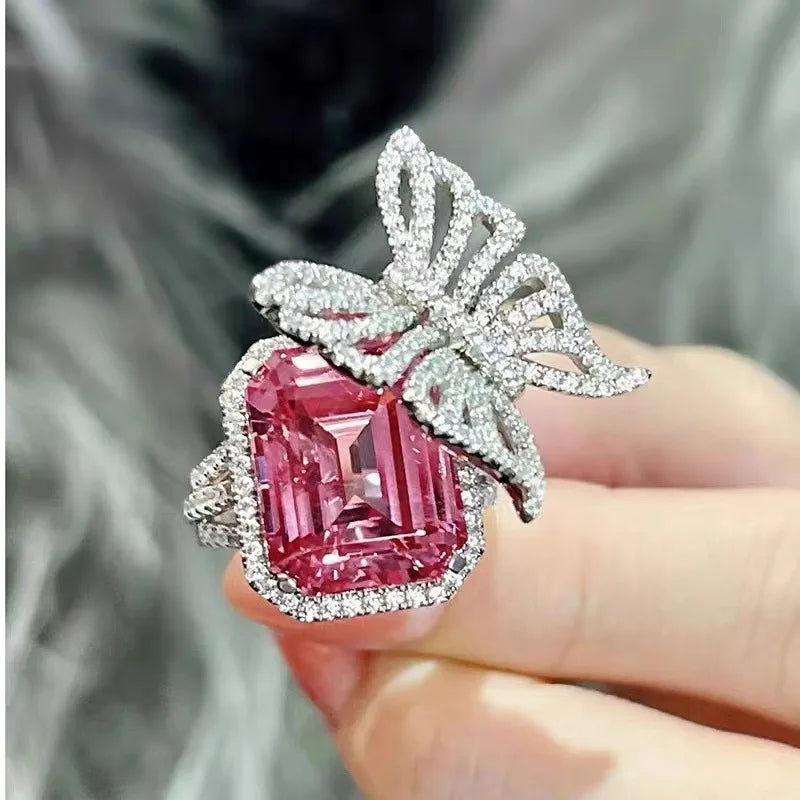 Delicate Pink CZ Butterfly Wedding Ring Open Rings