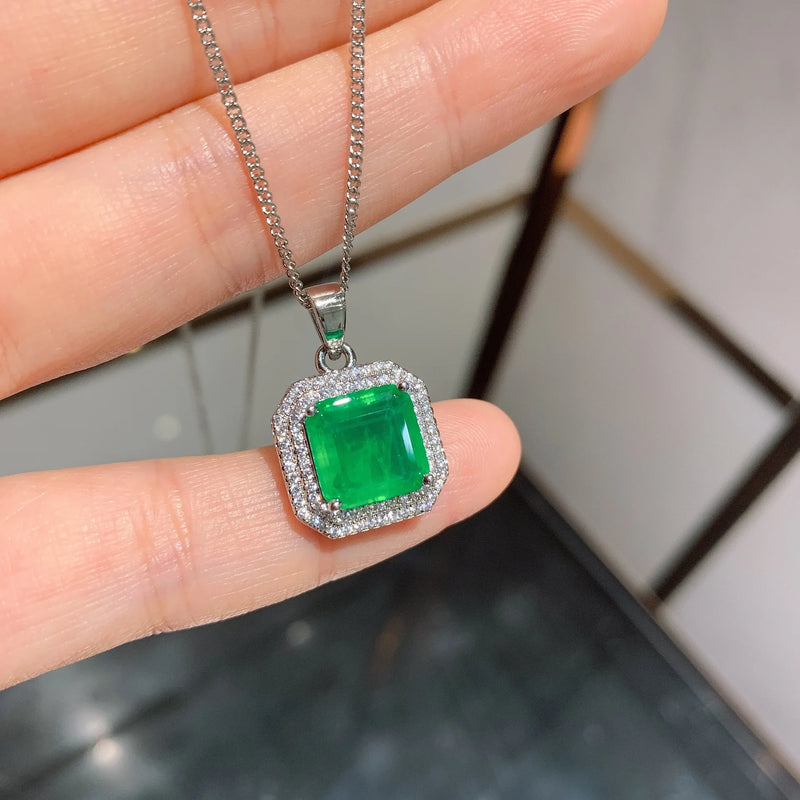 Silver Jewelry Green Lab Emerald Stone Pendant Necklace Chains Choker