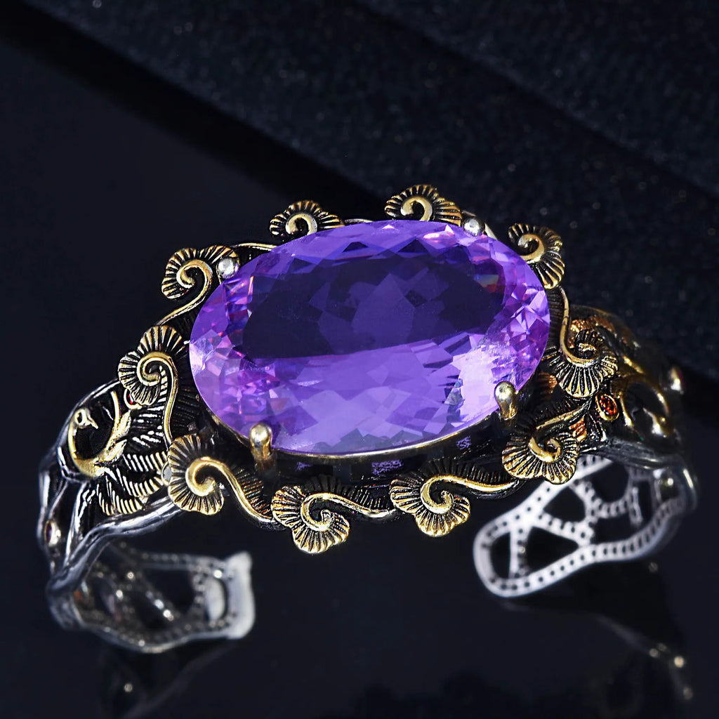 Vintage Silver Amethyst Peacock Bracelet Women Silver Jewelry