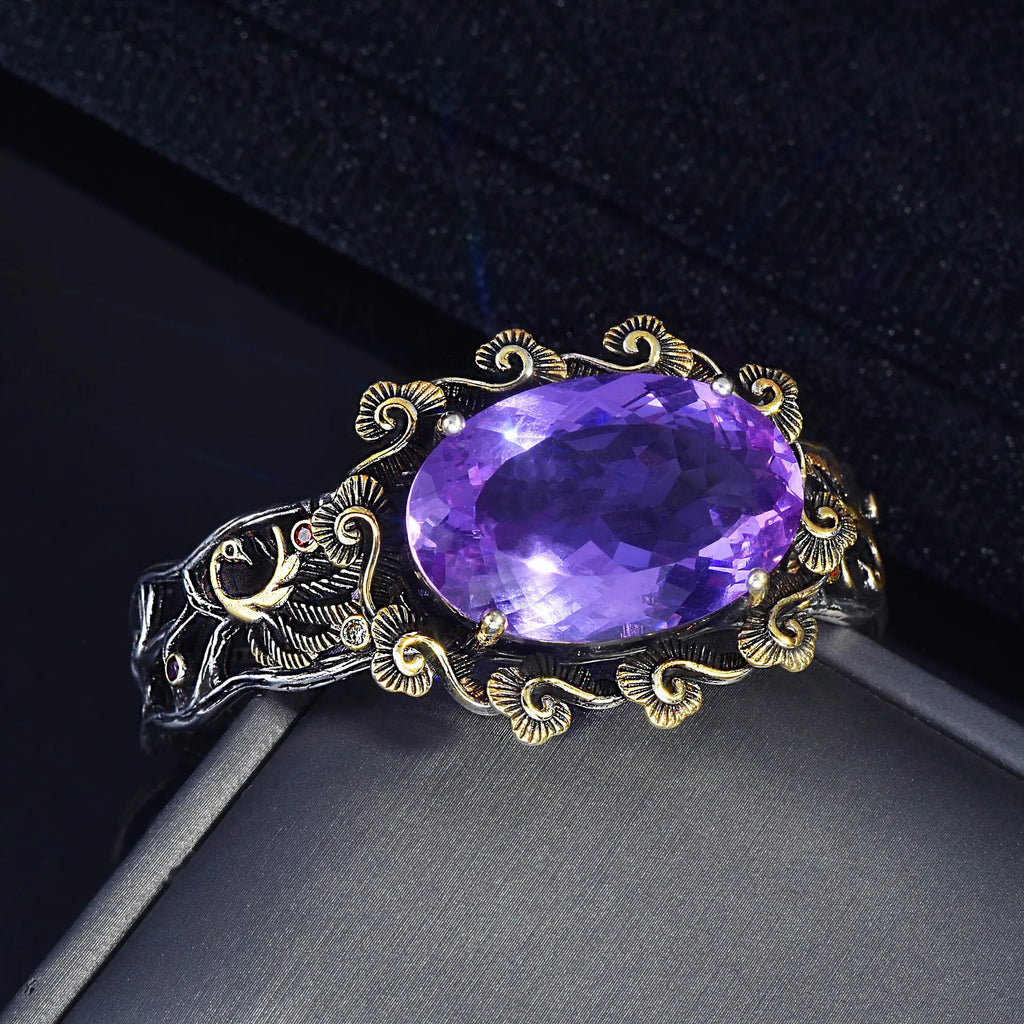 Vintage Silver Amethyst Peacock Bracelet Women Silver Jewelry
