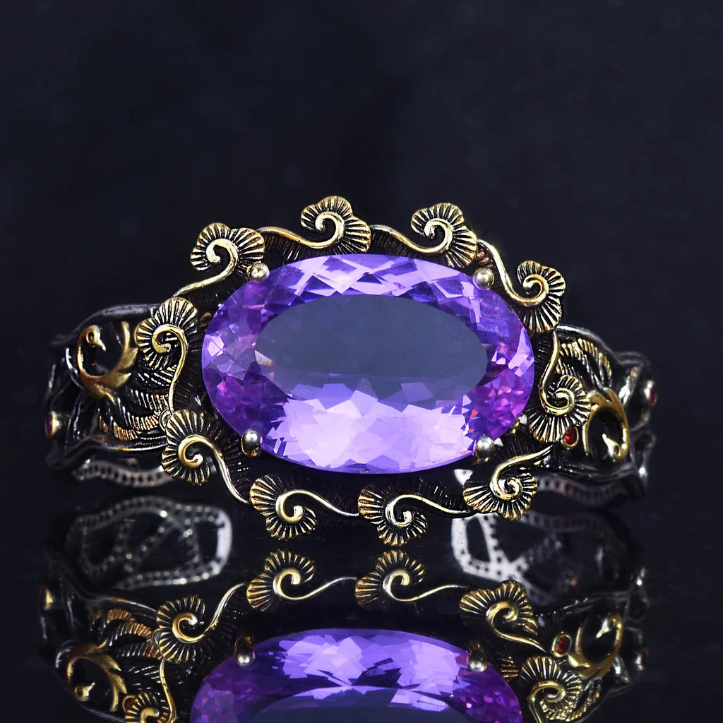 Vintage Silver Amethyst Peacock Bracelet Women Silver Jewelry