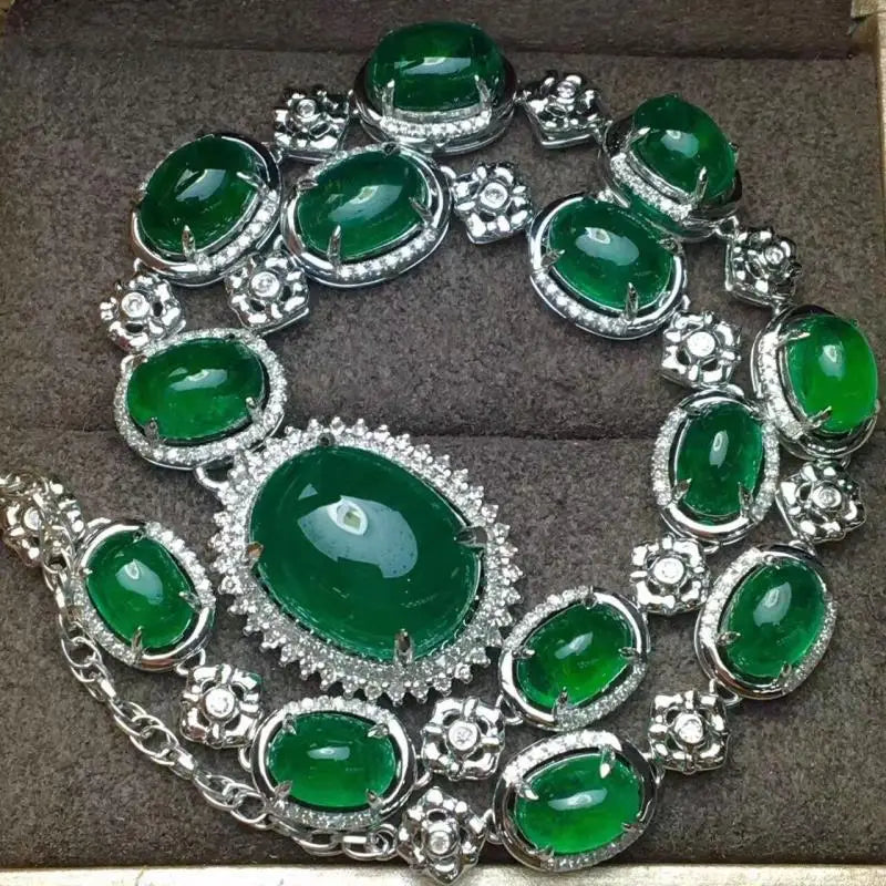 Vintage Silver Green Lab Emerald Banquet Necklace for Women