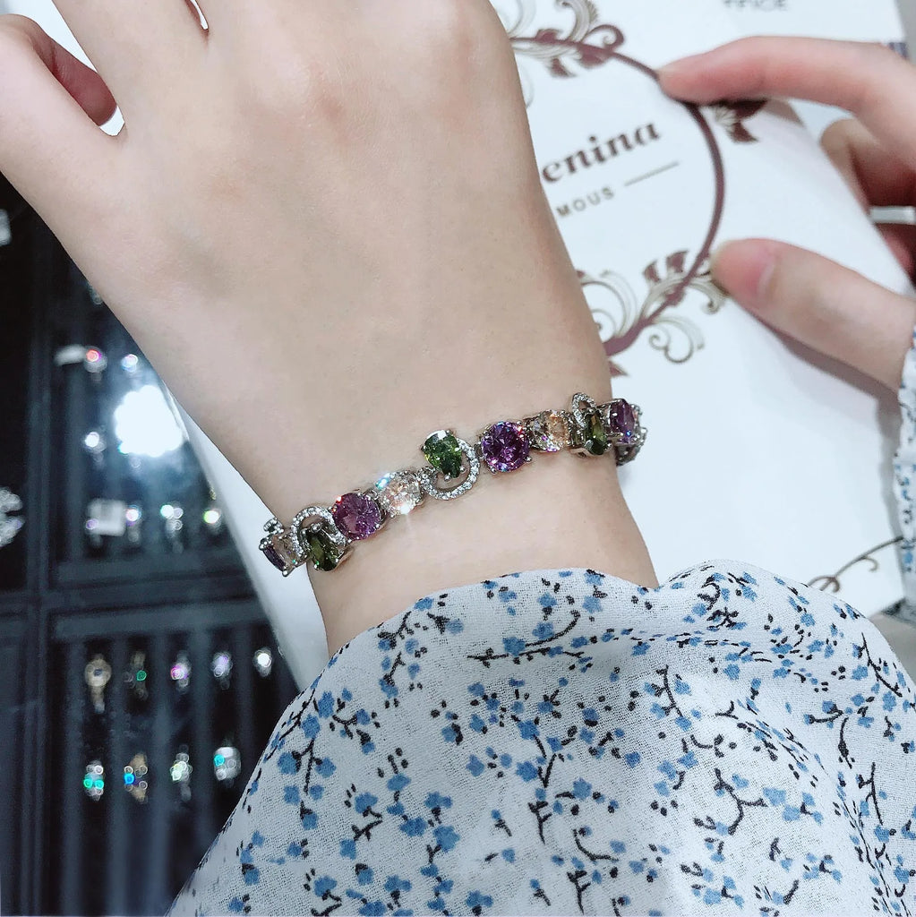 Silver Tennis Bracelet Dangle Multicolor CZ Wedding Party Gift