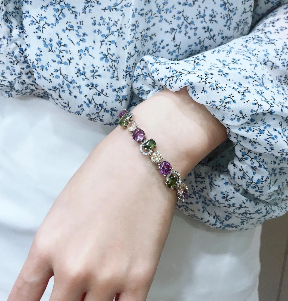 Silver Tennis Bracelet Dangle Multicolor CZ Wedding Party Gift
