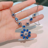 Silver Sapphire Flower Pendant Choker Necklace for Women