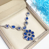 Silver Sapphire Flower Pendant Choker Necklace for Women