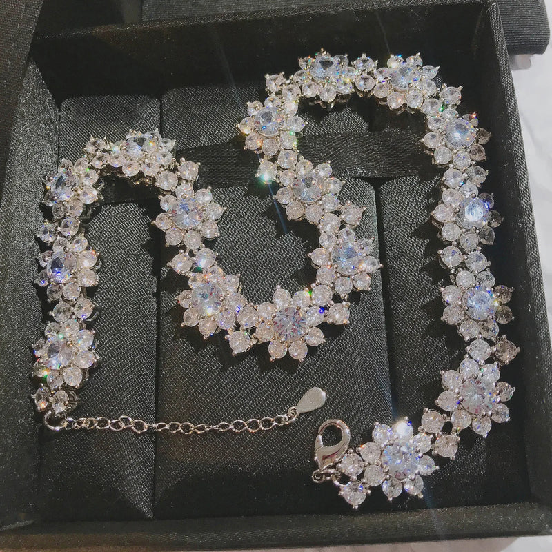 Silver Charms Choker Necklace Snow Zircon Wedding Bridal Jewelry