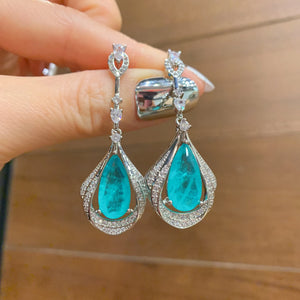 Silver Diamond Paraiba Tourmaline Water Drop Earrings Women