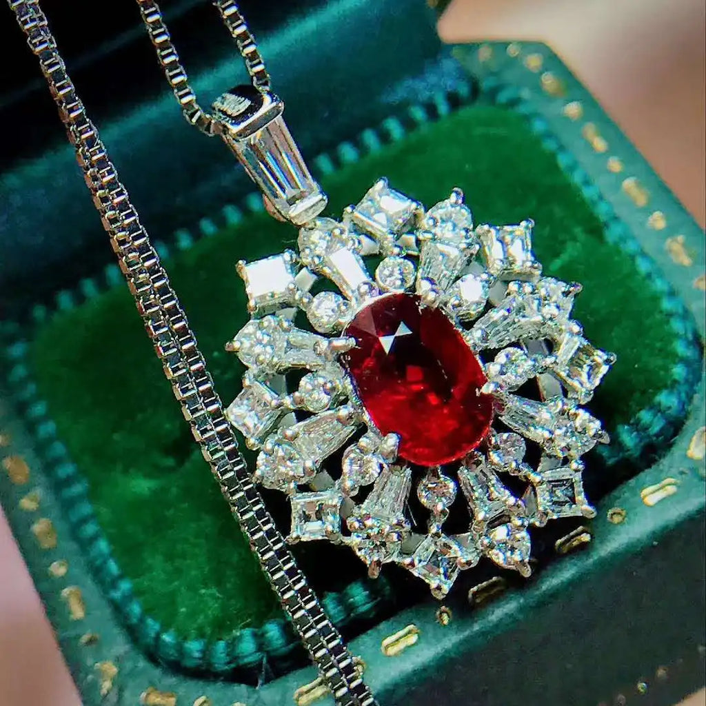 Vintage Lab Ruby Crystal Pendant Necklace Choker Silver Chains Jewelry
