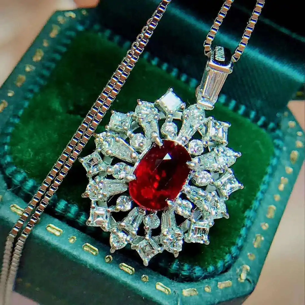 Vintage Lab Ruby Crystal Pendant Necklace Choker Silver Chains Jewelry