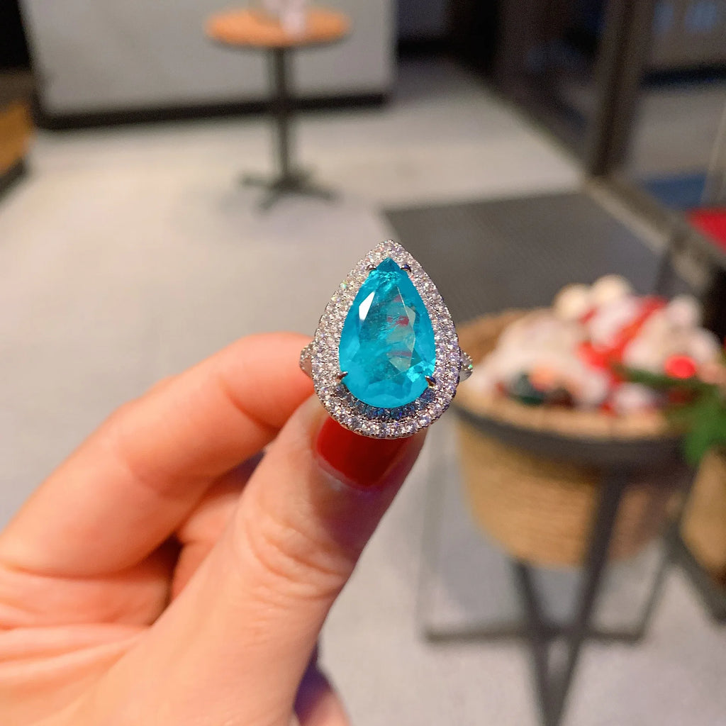 Vintage Water Drop Paraiba Tourmaline Wedding Ring Silver Zircon Jewelry