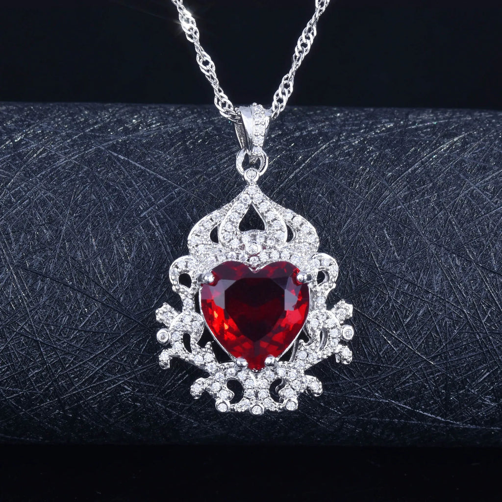 Vintage Heart Ruby Pendant Necklace Silver Banquet Party Choker
